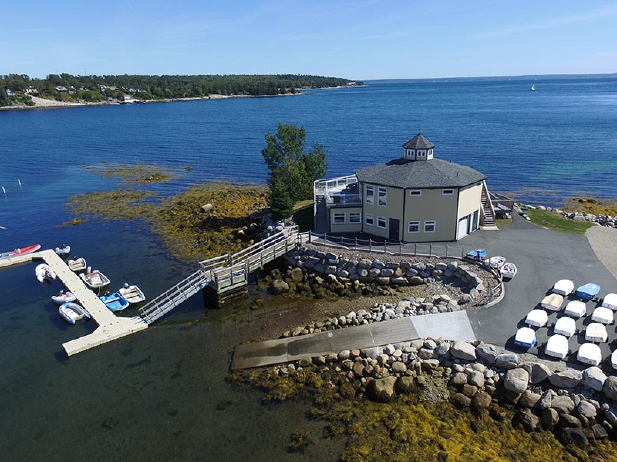 Aerial View of the Hubbards Sailing Club with St. Margarets Bay on the horizon behind the building